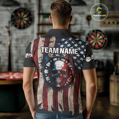 Colorful Skull Grunge Dartboard US Flag Dart Men Polo Shirt, Patriotic Dart Jerseys NYN1556