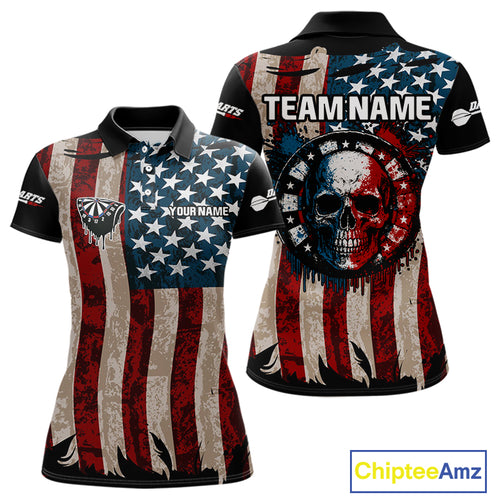 Colorful Skull Grunge Dartboard US Flag Dart Women Polo Shirt, Patriotic Dart Jerseys NYN1556