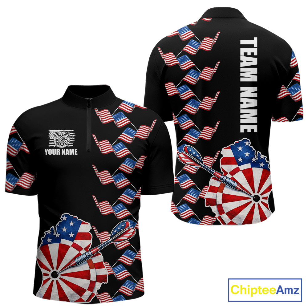 Custom American Flag Pattern Dartboard Darts Quarter-Zip Shirts For Men Patriotic Darts Team Jerseys NYN2756