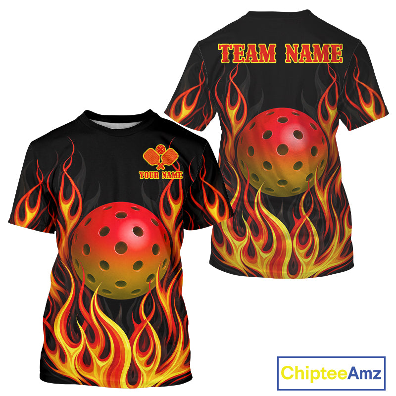 Red flaming pickleball tshirt for men personalized pickleball jersey