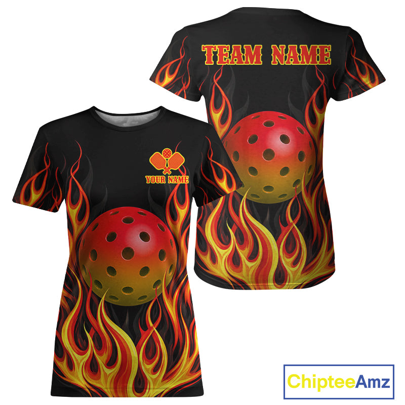 Red flaming pickleball tshirt for women personalized pickleball jersey