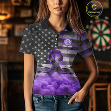 Load image into Gallery viewer, Purple Cloud Ribbon US Flag Dart Arrow Custom Breast Cancer Awareness Darts Women Polo Shirt NYN1816
