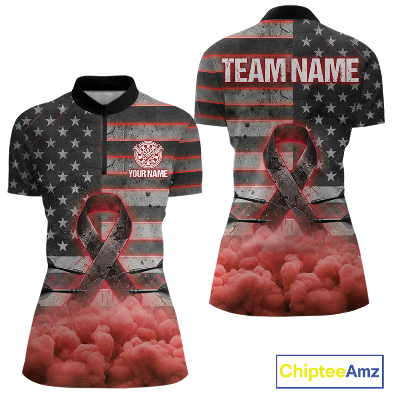 Red Cloud Ribbon US Flag Dart Arrow Custom Breast Cancer Awareness Darts Women Quarter-Zip Shirt NYN1818