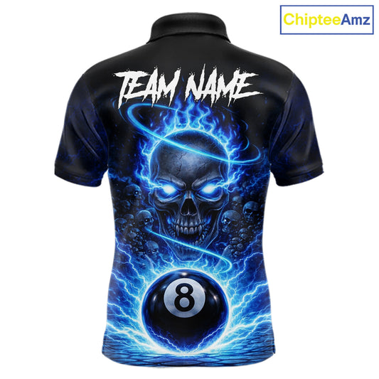 Blue Flames Multi Skull Thunder Pool 8 Ball 3D Billiard Shirt For Men Custom Billiard Team Attire NYN2603