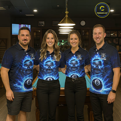 Blue Flames Multi Skull Thunder Pool 8 Ball 3D Billiard Shirt For Women Custom Billiard Team Attire NYN2603