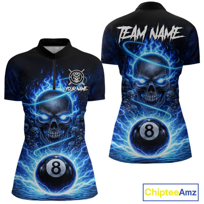 Blue Flames Multi Skull Thunder Pool 8 Ball 3D Billiard Shirt For Women Custom Billiard Team Attire NYN2603