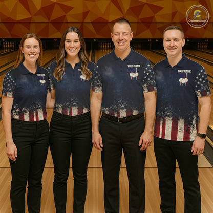 American Flag Grunge Bowling Team Jerseys For Women Custom Eagle Patriot Bowling Polo 1/4-Zip Shirt NYN3168