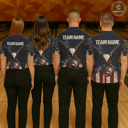 American Flag Grunge Bowling Team Jerseys For Women Custom Eagle Patriot Bowling Polo 1/4-Zip Shirt NYN3168