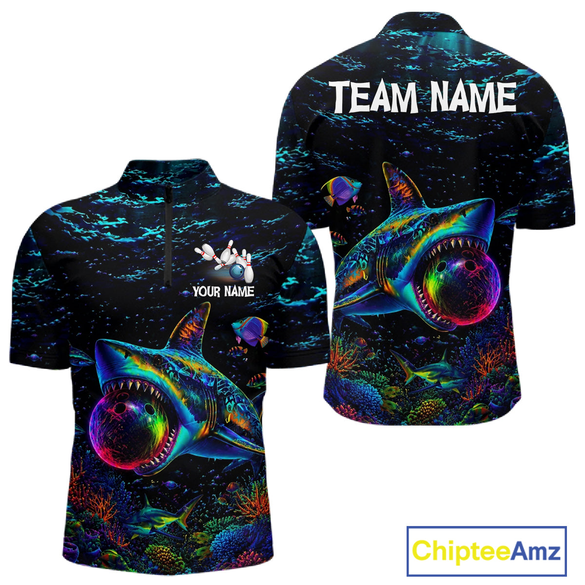 Funny Shark Ocean Neon Bowling  Jerseys For Men Custom Colorful Bowling Shirts Team Attire NYN3169