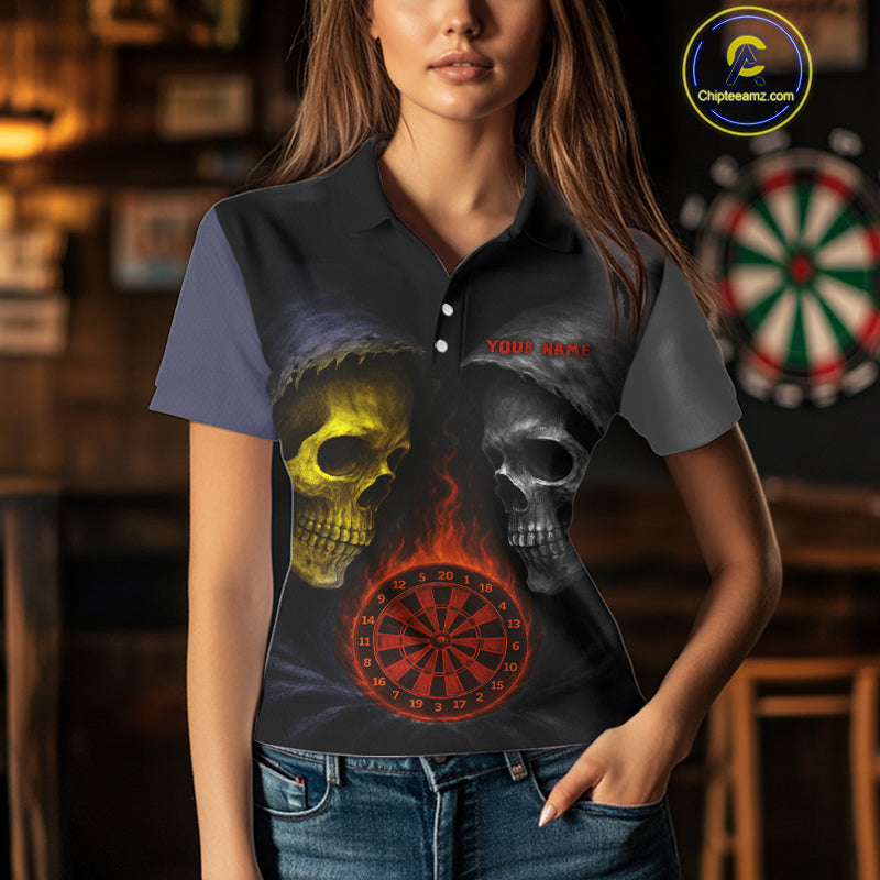 Flaming Dartboard Dual Skulls Funny Darts Shirt For Women - Customizable Name & Team NYN0404