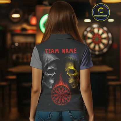 Flaming Dartboard Dual Skulls Funny Darts Shirt For Women - Customizable Name & Team NYN0404