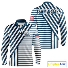Load image into Gallery viewer, White and blue pinstripe mens golf polo patriotic golf shirt