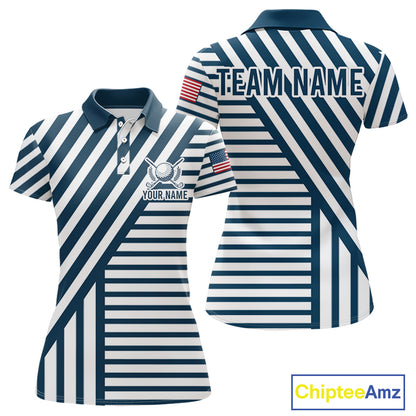 White and blue pinstripe womens golf polo patriotic golf shirt
