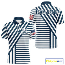 Load image into Gallery viewer, White and blue pinstripe mens golf polo patriotic golf shirt