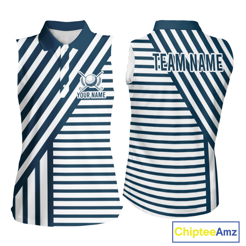 White and blue pinstripe womens golf sleeveless polo patriotic golf shirt