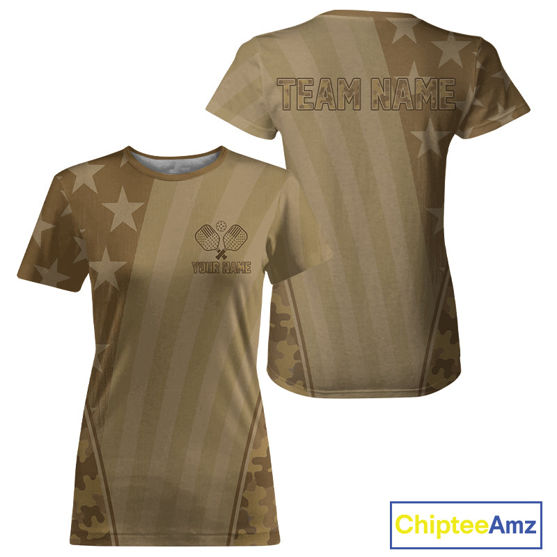 Custom Brown Camouflage Patriotic Pickleball T-Shirt For Women Outfit Pickleball Gifts NYN1295