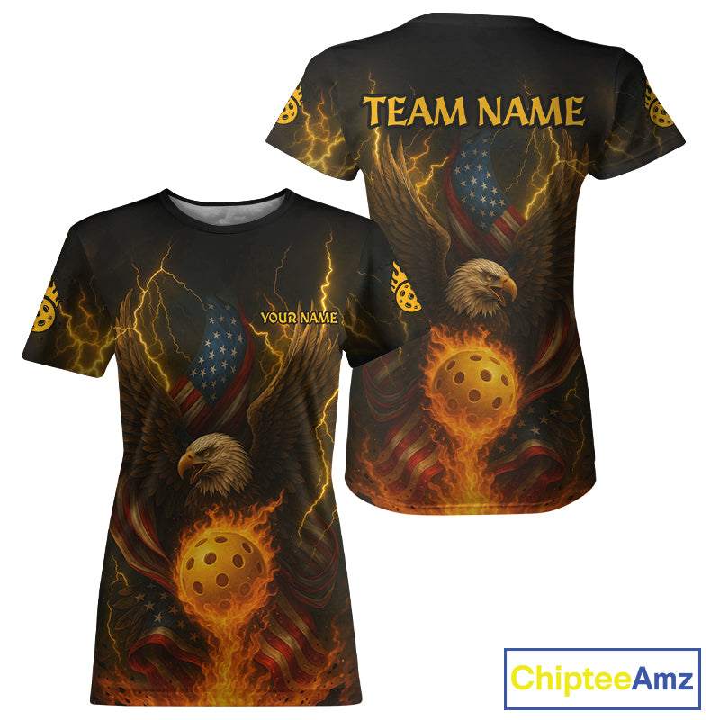 Custom Flame Eagle Patriotic Pickleball Ball T-Shirt For Women Pickleball Team Jerseys NYN1300