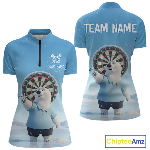 Custom Funny Polar Bear Plays Ice Dart Arrow Darts Quarter-Zip Shirt For Women, Dart Team Jerseys NYN1819