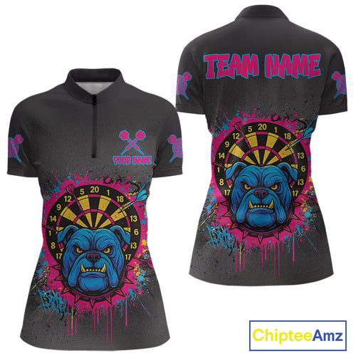 Custom Funny Bulldog Colorful Dartboard Darts Quarter-Zip Shirt For Women Splatter Dart Jerseys NYN1826