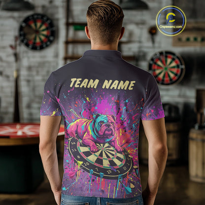 Custom Purple Bulldog Splatter Dartboard Men Darts Polo Shirt Funny Colorful Dart Jerseys NYN1828