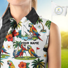 Load image into Gallery viewer, Tropical White And Black Golf Ball Sleeveless Polo Golf Shirts For Women Custom Parrot Golf Attire NYN3175