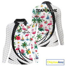 Load image into Gallery viewer, Tropical White And Black Golf Ball Polo Golf Shirts For Women Custom Flamingo Golf Team Attire NYN3176