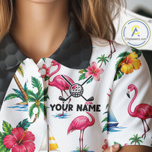 Load image into Gallery viewer, Tropical White And Black Golf Ball Polo Golf Shirts For Women Custom Flamingo Golf Team Attire NYN3176