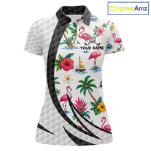 Load image into Gallery viewer, Tropical White And Black Golf Ball Polo Golf Shirts For Women Custom Flamingo Golf Team Attire NYN3176