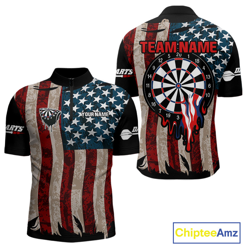 Dripping Dartboard Grunge US Flag Men's Darts Shirt - Custom Name For Dart Players NYN0420