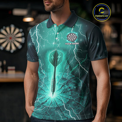 Turquoise Thunder Cracked Dartboard Men's Darts Shirt - Custom Name For Players NYN0423