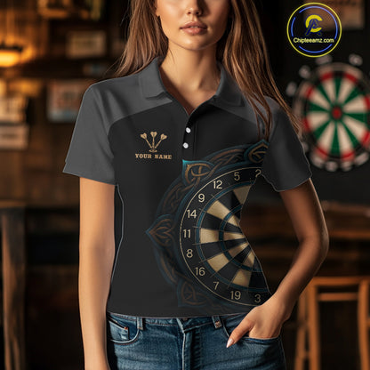 Vintage Blue Gold Celtic Dartboard Women's Darts Shirt - Custom Name For Players NYN0424
