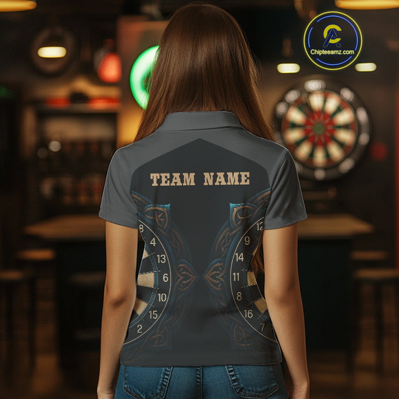 Vintage Blue Gold Celtic Dartboard Women's Darts Shirt - Custom Name For Players NYN0424