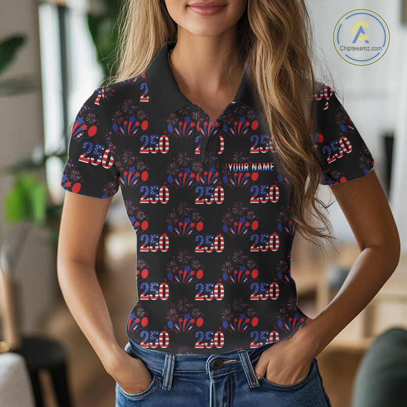USA Anniversary Womens Golf Polo Shirt Custom Golf Pattern Patriotic Golf Tops |Black NYN3389