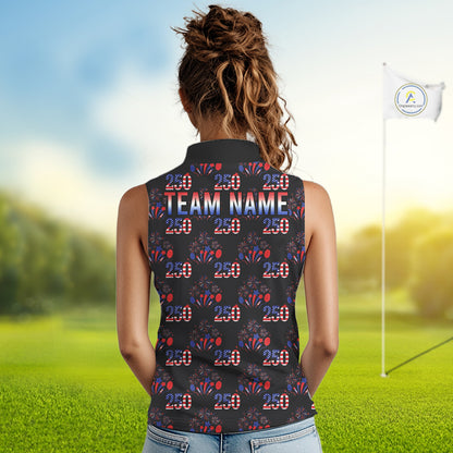 USA Anniversary Womens Golf Sleeveless Polo Shirt Custom Golf Pattern Patriotic Golf Tops |Black NYN3389