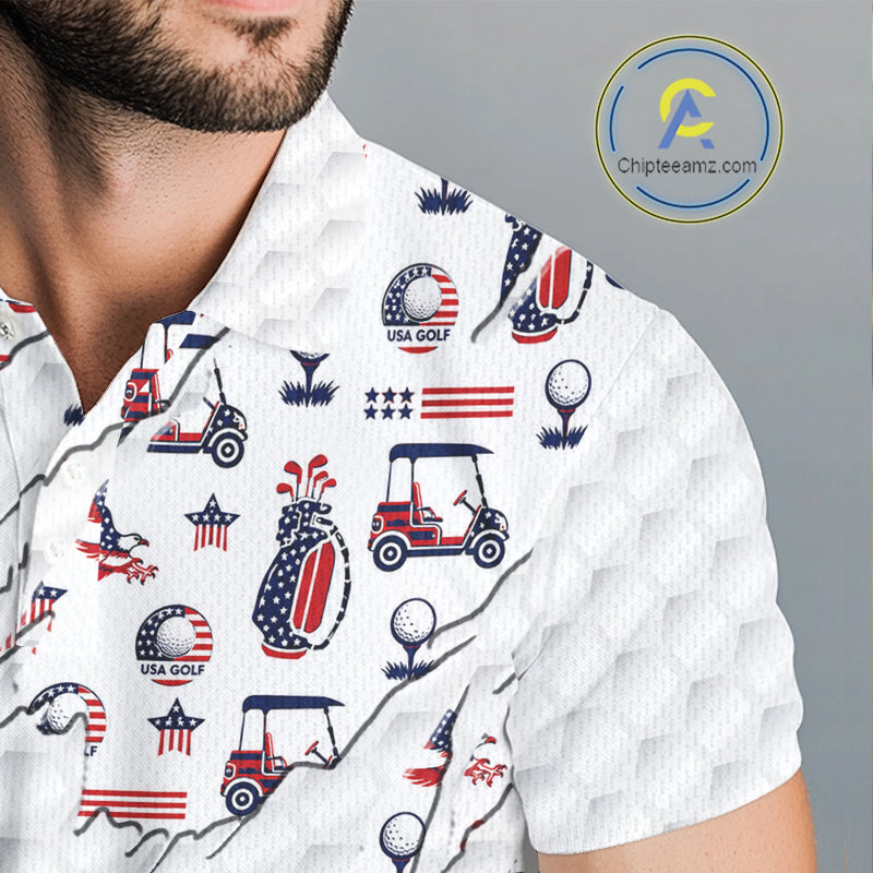 USA Anniversary Mens Golf Polo Shirt Custom White Golf Ball Pattern Patriotic Golf Tops NYN3392
