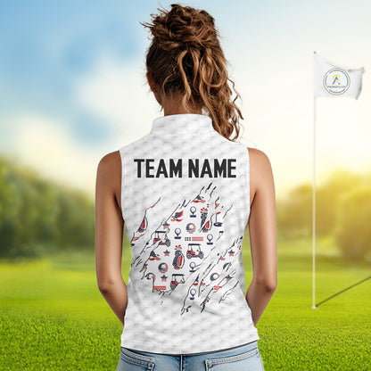 USA Anniversary Womens Golf Sleeveless Polo Shirt Custom White Golf Ball Patriotic Golf Tops NYN3392