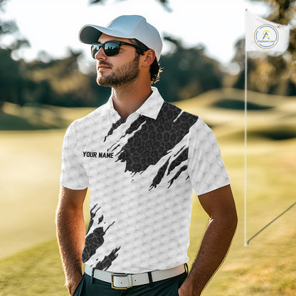 Black Leopard Pattern Mens Golf Polo Shirt Custom White Golf Ball Pattern Golf Team Outfits NYN3393