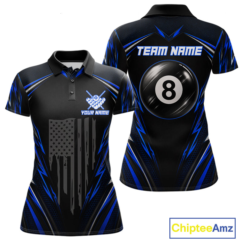 Women's patriotic billiard polo with black blue US flag and illuminated 8 ball artwork, custom performance jersey for league play, Memorial Day tournaments and Independence Day events.