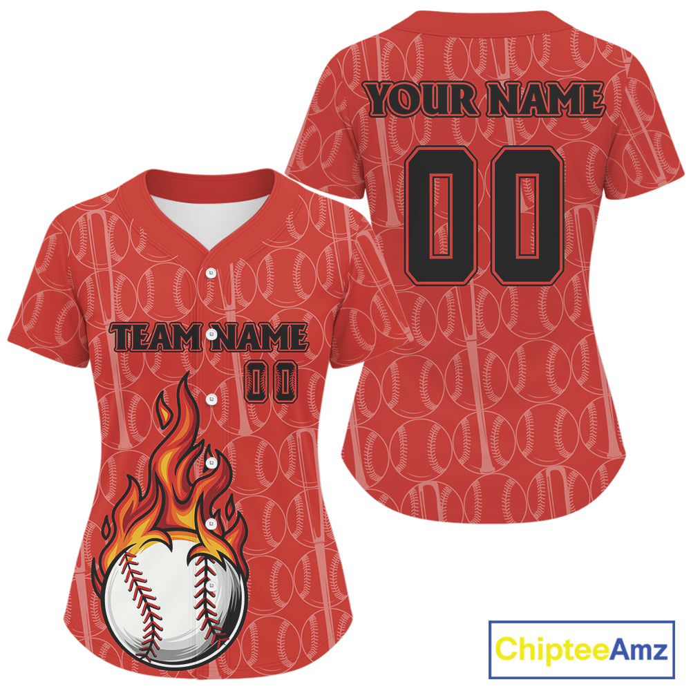 Custom Red Flames Baseball Ball Jersey For Women Personalized Youth Baseball Shirt NYN0899