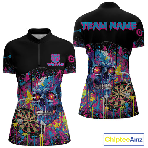 Custom Butterfly Skull Splatter Dartboard Women Darts Quarter-Zip Shirt Colorful Dart Jerseys NYN1830