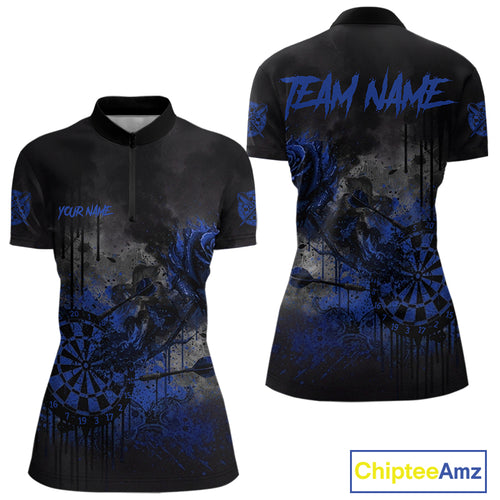 Custom Blue Splatter Rose Dartboard Grunge Darts Quarter-Zip Shirt For Women Outfit Dart Jerseys NYN1834