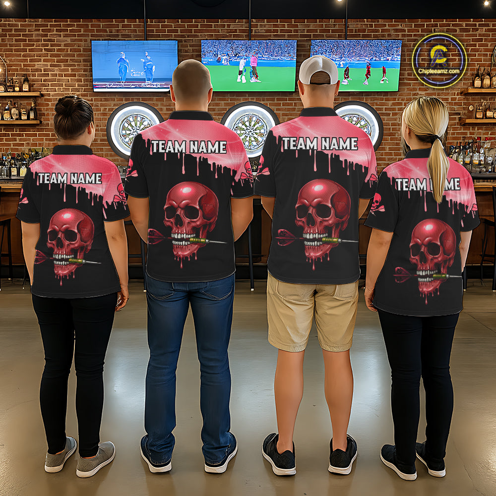 Custom Holographic Red Skull Darts Shirt Polo For Women Light Skull Dart League Jerseys NYN2110