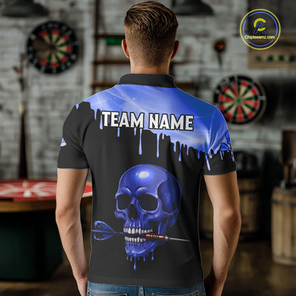Custom Holographic Blue Skull Darts Shirt Polo For Men Light Skull Dart League Jerseys NYN2111