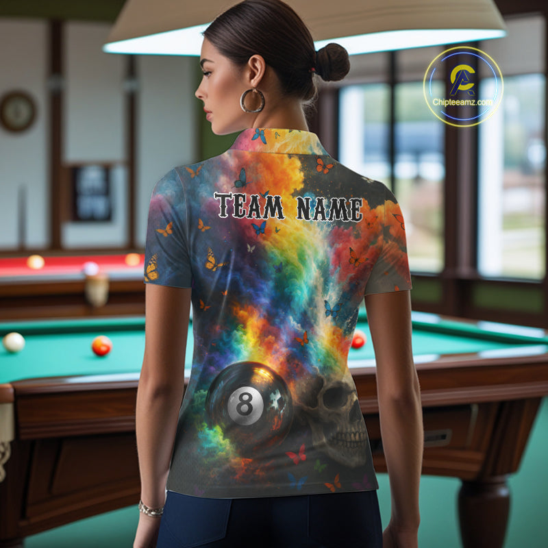 Custom Colorful Smoke 8 Ball Women's Billiard Shirts Personalized Skull Billiard Team Attire NYN2331