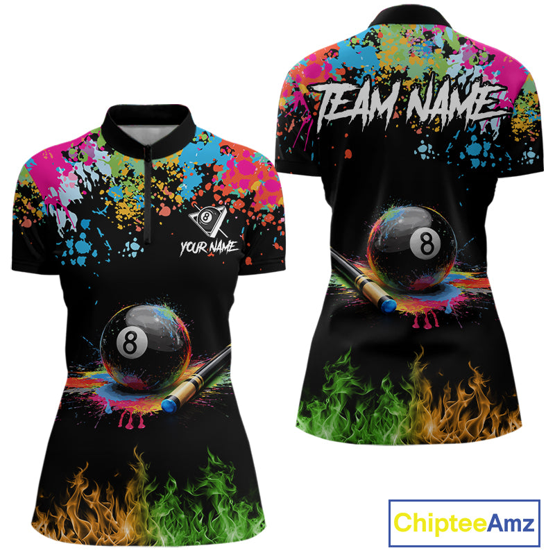 Colorful Paint & Flame 8 Ball Billiard Shirt For Women Personalized Cue Billiard Team Shirt NYN2334