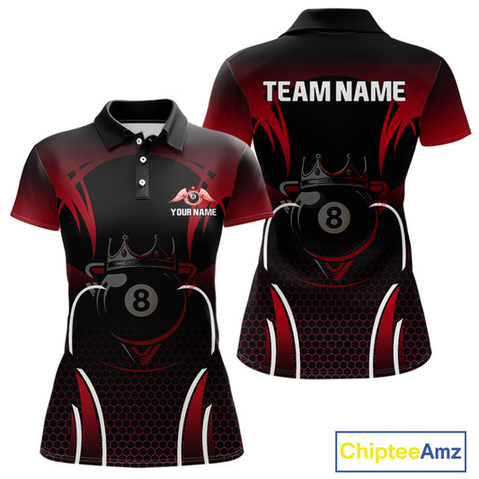Black & Red 8 Ball Crown Women's Billiard Polo & 1/4 Zip Shirt Custom Billiard Team Jersey NYN2344