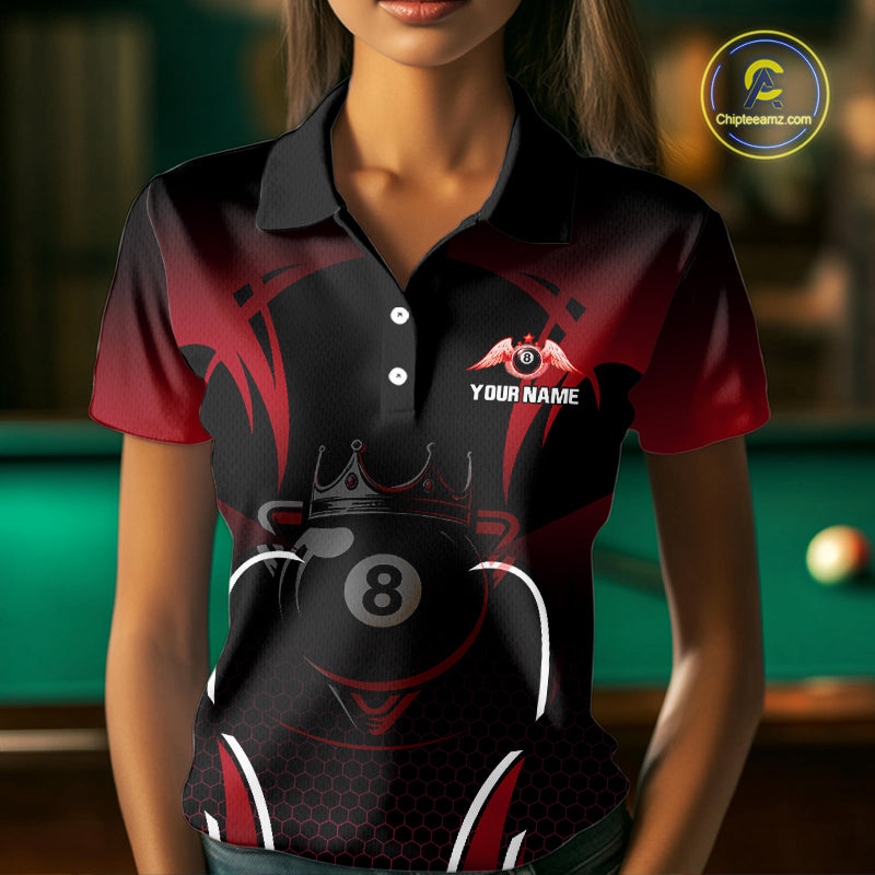 Black & Red 8 Ball Crown Women's Billiard Polo & 1/4 Zip Shirt Custom Billiard Team Jersey NYN2344