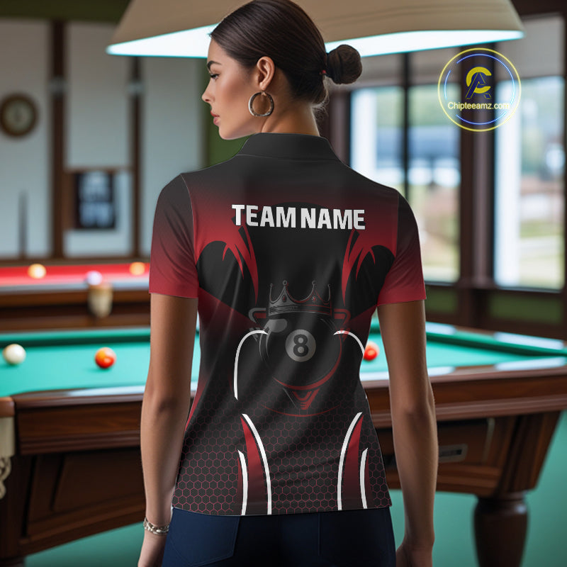 Black & Red 8 Ball Crown Women's Billiard Polo & 1/4 Zip Shirt Custom Billiard Team Jersey NYN2344