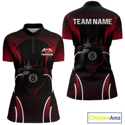 Black & Red 8 Ball Crown Women's Billiard Polo & 1/4 Zip Shirt Custom Billiard Team Jersey NYN2344
