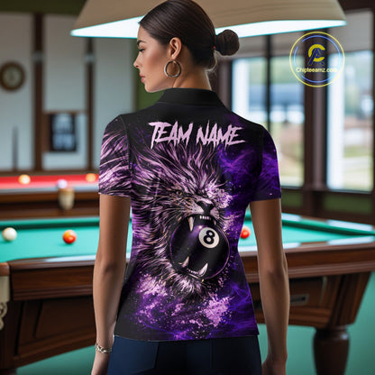 Purple Smokes Lion Paint Pool 8 Ball Women Billiard Polo & 1/4-Zip Shirt Custom Billiard Team Attire NYN2626